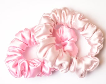 Pink Satin Skinny Scrunchies, Pink Scrunchie Set, Petal Pink and Ballet Pink Scrunchies