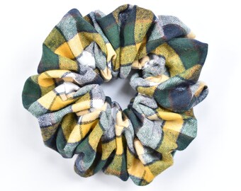 Big Yellow Navy and Green Plaid Scrunchie, Oversized Extra Large Yellow, Green and Navy Blue Tartan Scrunchie