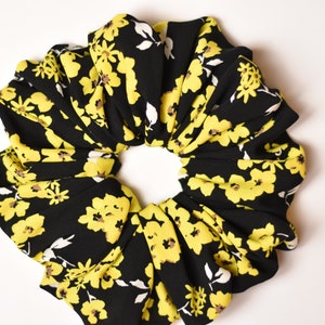 XXL Yellow and Black Floral Scrunchie, Bright Yellow Flowers on Black Scrunchy, Jumbo Oversized Scrunchie