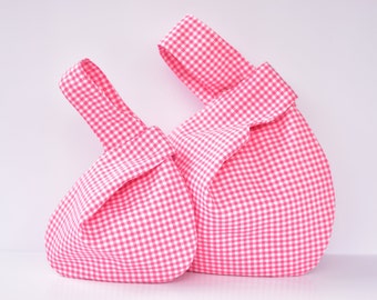 Pink Gingham Knot Bag, Pink Japanese Style Handbag, Wristlet, Pink and White Check Bag