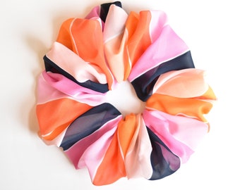 Jumbo Chiffon Scrunchie, Orange Pink and Navy Oversized Scrunchie, Striped Extra Large Scrunchie