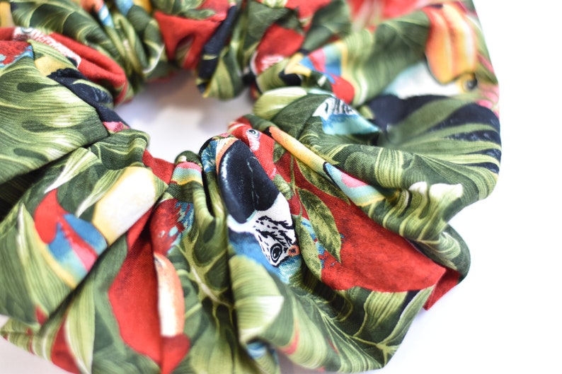 Purple Parrots Big Tropical Scrunchies Red Parrots and Toucans Scrunchies