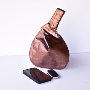 Raw Silk Bronze Japanese Style Knot Bag, Dark Brown Silk Handbag, Silk Clutch, Special Occasion Bag, Wristlet image 4