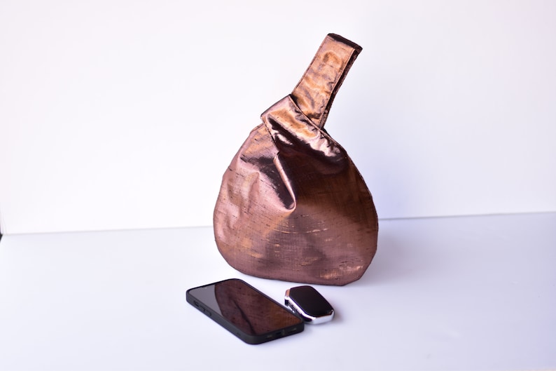 Raw Silk Bronze Japanese Style Knot Bag, Dark Brown Silk Handbag, Silk Clutch, Special Occasion Bag, Wristlet image 4