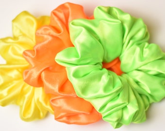 Jumbo Neon Satin Scrunchies, XXL Fluorescent Green, Yellow, Orange Hair Accessories, Extra Large Scrunchy, Glow in the Dark Scrunchie