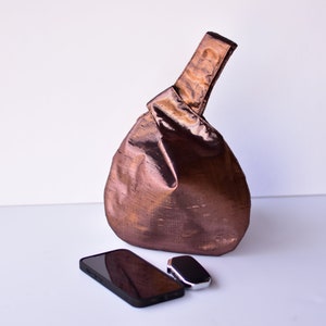 Raw Silk Bronze Japanese Style Knot Bag, Dark Brown Silk Handbag, Silk Clutch, Special Occasion Bag, Wristlet image 3