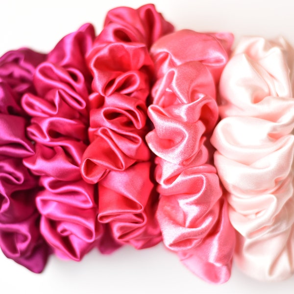 Pink Satin Scrunchies, Hot Pink, Berry, Watermelon, Bubble Gum, and Blush Pink Scrunchie Set