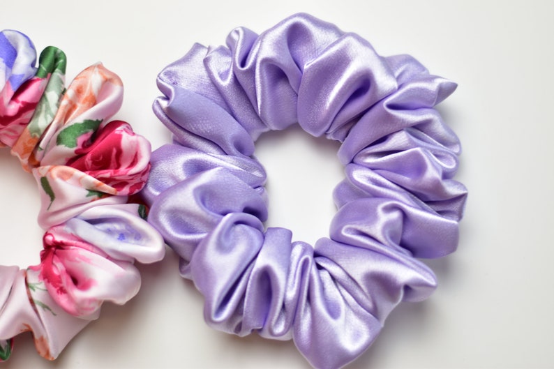 Lavender and Floral Satin Scrunchie Pair, Pink Floral Scrunchy, Lavender Lilac Satin Scrunchy image 5