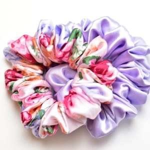 Lavender and Floral Satin Scrunchie Pair, Pink Floral Scrunchy, Lavender Lilac Satin Scrunchy image 1