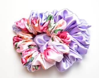 Lavender and Floral Satin Scrunchie Pair, Pink Floral Scrunchy, Lavender Lilac Satin Scrunchy