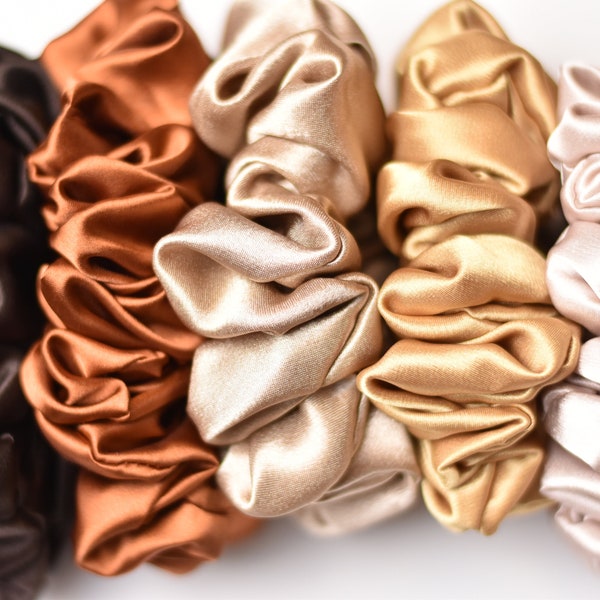 Satin Scrunchies in Earth Tones, Brown, Gold, Copper, Sand, Scrunchie Set in Warm Tones, Neutral Scrunchies