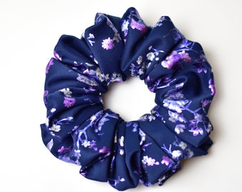 Jumbo Navy Blue Metallic Floral Scrunchie, Silver Foil Scrunchy, Silvery Blue and Purple Flowers and Foliage, XXL Elegant Scrunchy