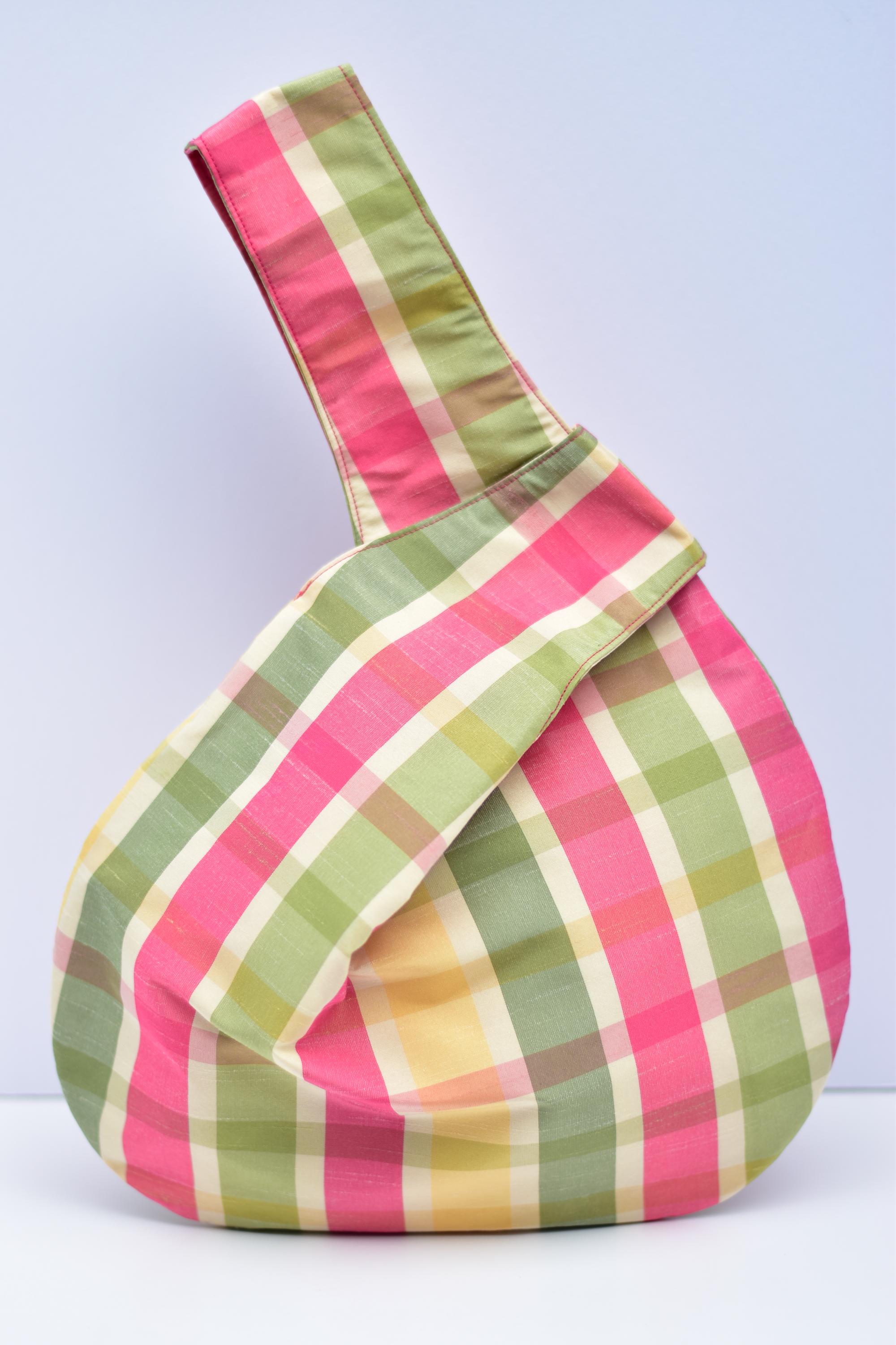 Pink Tartan Japanese Knot Bag, Plaid Cotton Wristlet