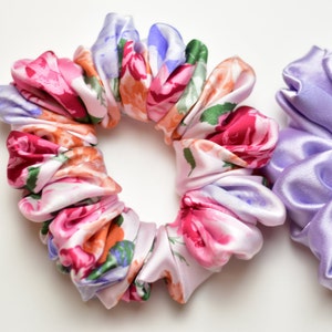 Lavender and Floral Satin Scrunchie Pair, Pink Floral Scrunchy, Lavender Lilac Satin Scrunchy image 4