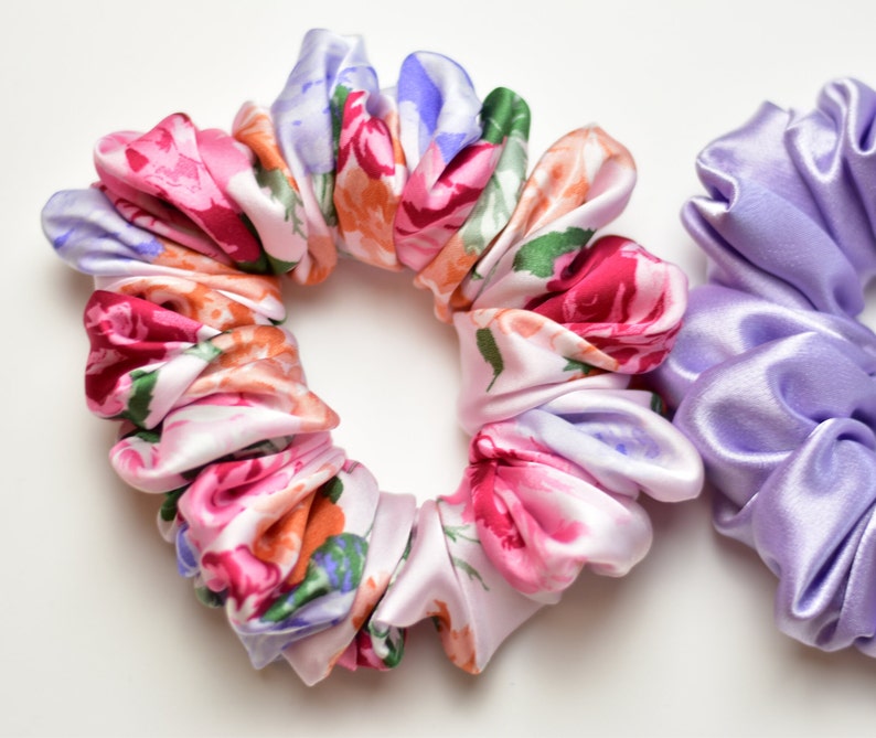 Lavender and Floral Satin Scrunchie Pair, Pink Floral Scrunchy, Lavender Lilac Satin Scrunchy image 4