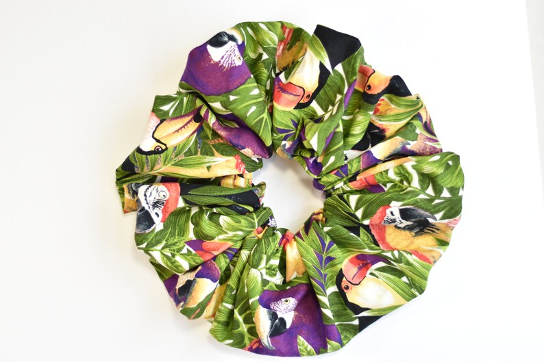 Purple Parrots Big Tropical Scrunchies Red Parrots and Toucans Scrunchies