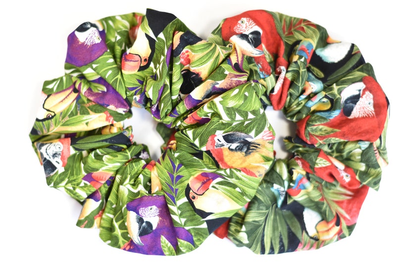 Purple Parrots Big Tropical Scrunchies Red Parrots and Toucans Scrunchies