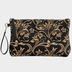 Pochette bracelet en cuir végétalien noire et dorée, petit sac à main en similicuir noir