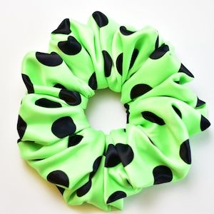Jumbo XXL Polka Dot Satin Scrunchie, Lime Green with Black Polka Dots Oversized Scrunchie, Bright Green Scrunchie, Neon Green Scrunchy