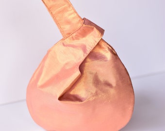 Rose Gold Raw Silk Knot Bag, Small Silk Special Occasion Handbag, Silk Clutch, Japanese Knot Bag, Wedding Bag