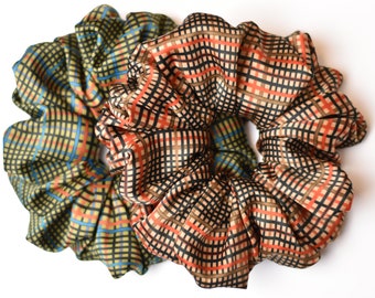 Jumbo Plaid Satin Scrunchies, Brown and Khaki Green Plaid XXL Scrunchies, Retro Plaid Oversized Scrunchies, Extra Large Scrunchy