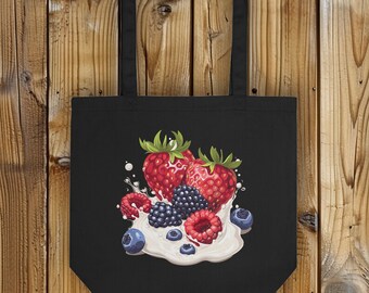 Fresh Berries Eco Tote Bag, Produce Tote, Market Bag, Berries and Milk Grocery Bag