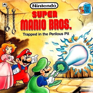 May include: A vintage Super Mario Bros. video game box featuring Mario, Luigi, and Princess Peach. The cover art shows the game title, "Trapped in the Perilous Pit," and a light blue energy blast. The Nintendo logo is at the top.