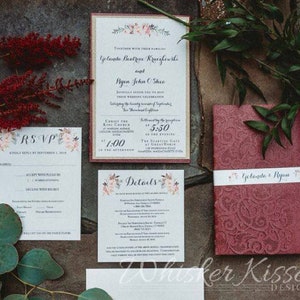 Laser Cut Wedding Invitation, Burgundy Laser Cut Wedding Invitation, Vintage Floral Invitation, Quinceañera Invitation, Bat Mitzvah Invite