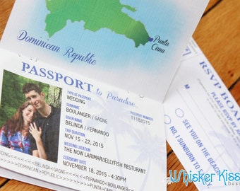 Passport Wedding Invitations, Destination, Travel Themed, Ticket to Paradise, Beach, Cruise, Aruba, Mexico, Dominican, Jamaica, Greece