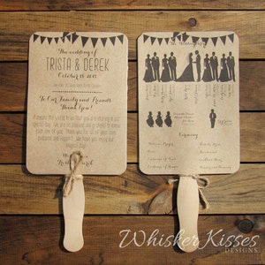 Abanico para programa de boda rústico, programa tipo paleta, ceremonia, campestre, kraft, único, 5 x 7 pulgadas, doble cara, kit para armar o completamente ensamblado.