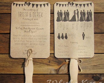 Rustic Wedding Program Fan, Paddle Program, Ceremony, Country, Kraft, Unique, 5 x 7 Double Sided, DIY Set or Fully Assembled