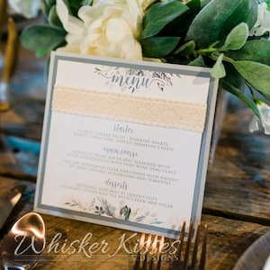 Blue and Gray Wedding Reception Menu, Boho Style Wedding, Outdoor Wedding Menu, Rustic, Silver and Blue Wedding Decor, Lace Wedding Menu