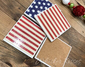 Ceramic coasters with USA Flag Detail, square coasters, house warming gift, hostess gift, Gift for Dad, Gift for Mom, Set of 4 coasters