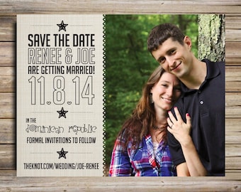 Rustic Save The Date Magnet, Postcard Announcement, Custom Engagement Photo, Beach or Country Wedding, Starfish, Burlap