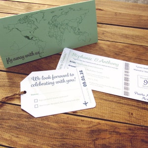 Invitación de boda de tarjeta de embarque, Guardar la fecha, Verde menta, Turquesa, Tema de crucero, Destino, Boleto, Mapa de viaje, Europa