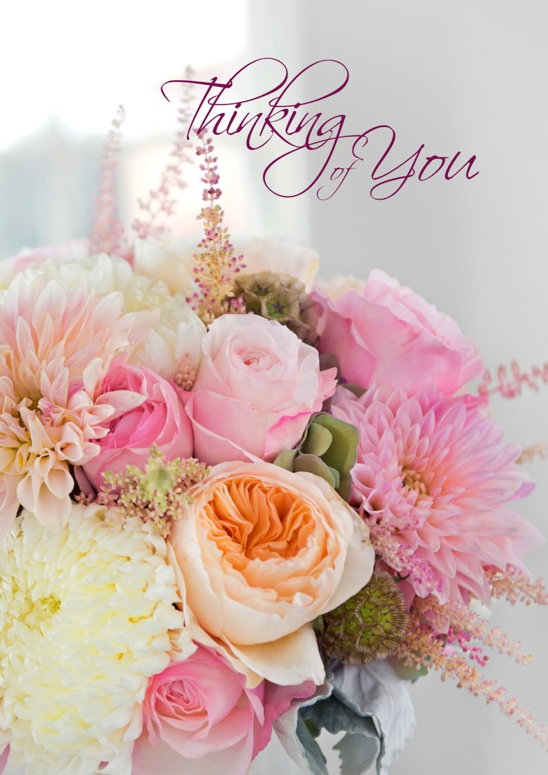 Thinking of You card with pink roses in bouquet. Etsy