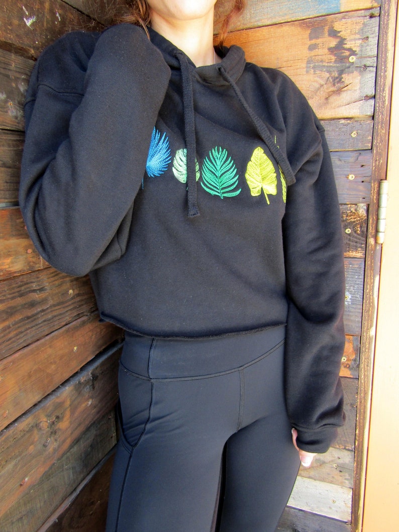 Palm Fronds Cropped Hoodie-Black Crop Sweater-Embroidered | Etsy