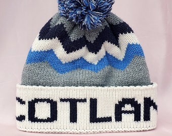 Vintage SCOTLAND Acrylic Knit Winter Ski Hat Cap with Pom Unisex 19"-21" Head Circumference/Teen to Small Adult Size