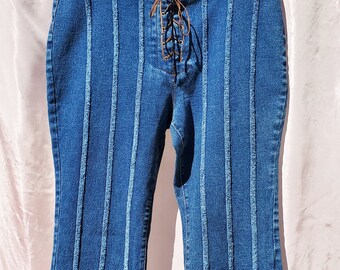 Women's Vintage 90's Boho Hippie Y2K Revolt Jeans Lace Up Denim Bootcut Flare Leg Low Rise Frayed Vertical Stripe 16-18 / 44" Hip