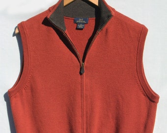 Men's Handsome Brooks Brothers 346 Italian Fine Merino Wool Full Zip Up Sleeveless Sweater Vest Rust M