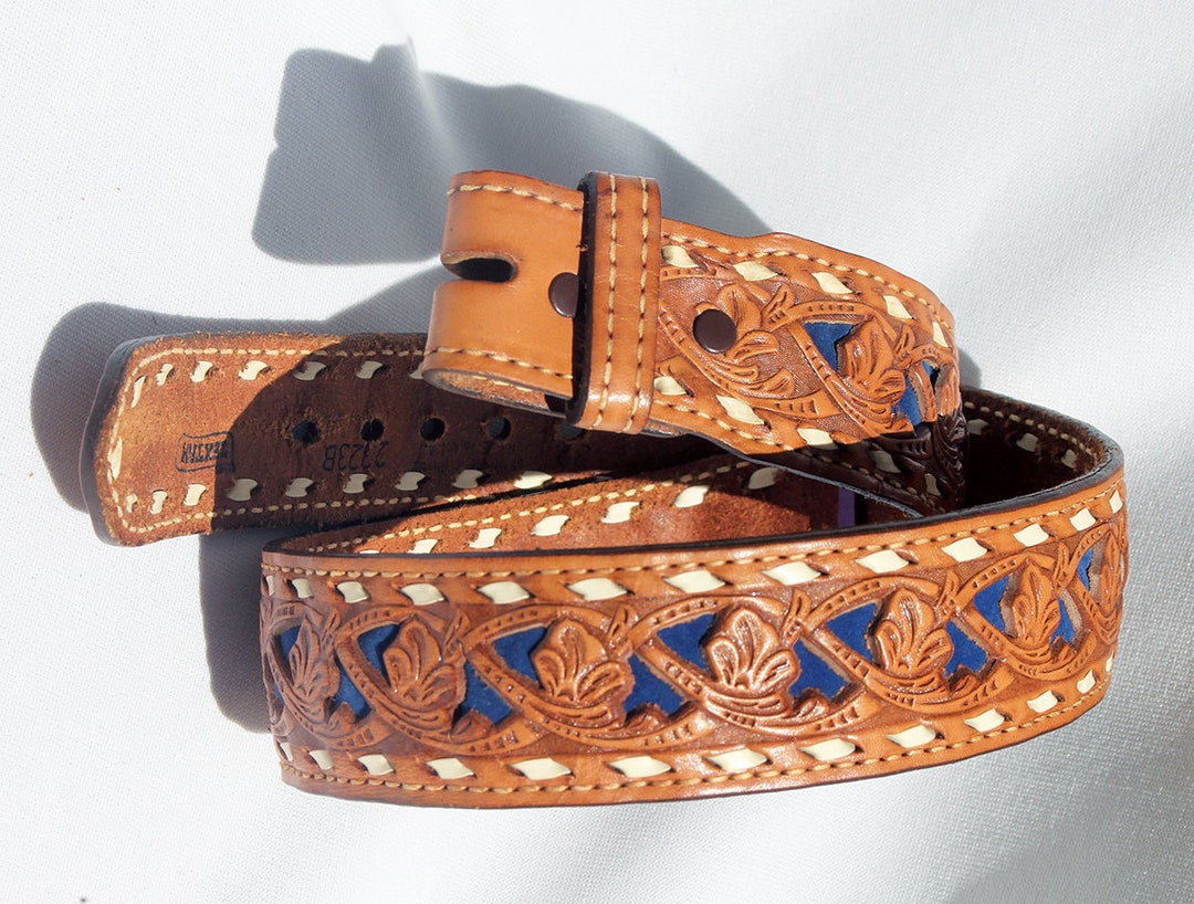 Vintage Textan Thick Cowhide Leather Tooled Belt Western Rodeo Cowboy