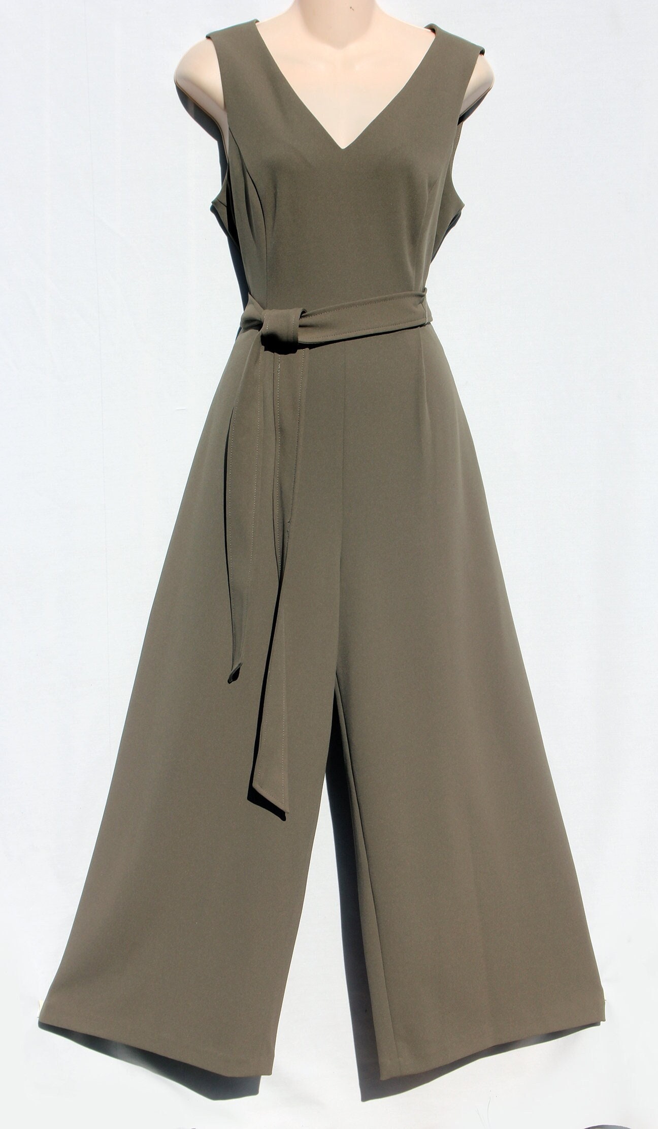 Women s Never Worn Calvin Klein Olive army Green V neck Sleeveless Belted Wide Leg Jumpsuit Romper Jumper 32 Waist Etsy