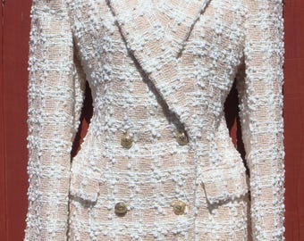 Women's Zara Plaid Textured Tweed Boucle Double-Breasted Blush Tan/Pink & White Blazer Jacket M