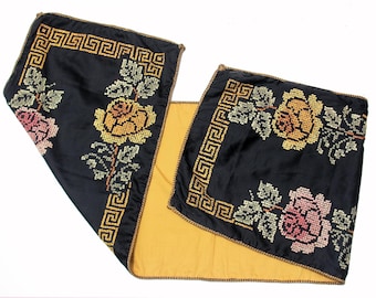 Antique Victorian Hand Sewn Cross Stitch Table Runner/Wall Hanging Black w/ Roses and Greek Key