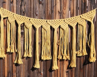 Vintage 70's Yellow Macrame Art Valance / Curtain / Boho Belly Dancing Belt / Wall Hanging / Artisan Crafts