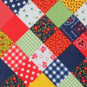 Puede incluir: Primer plano de un edredón de patchwork con una variedad de cuadrados de tela coloridos. Los cuadrados presentan patrones como lunares, cuadros, estampados florales y colores lisos en rojo, azul, amarillo, verde y blanco.