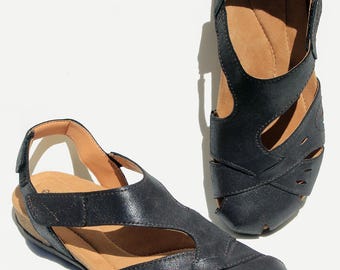 New Earth Origins Birdine Sandal Shoe Women's Black Birdine Leather Slingback 8.5 M US