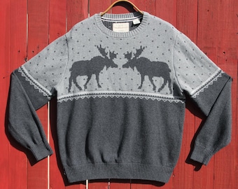 Weerbestendige vintage noordse katoengrijze gebreide winterse elandentrui heren m/dames L 43-inch borst