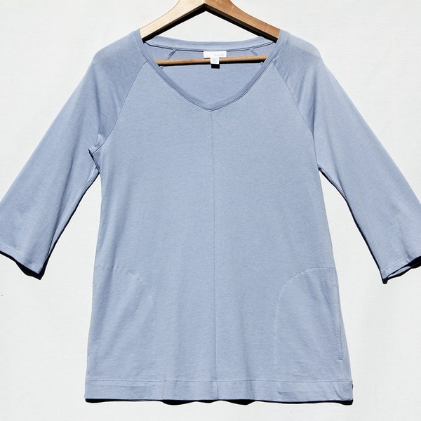 Pure J. Jill V-Neck Tunic Women's 3/4 Dolman Sleeve Shirt Pockets Blue Long Shirt Pullover Tee Top 37" Chest