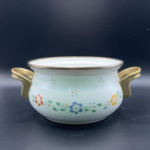 Może przedstawiać: Biały garnek emaliowany z kwiatowym wzorem. Garnek ma złoty brzeg i złote uchwyty. Wzór kwiatowy obejmuje czerwone, niebieskie i żółte kwiaty z zielonymi liśćmi. Garnek ma średnicę około 15 cm.